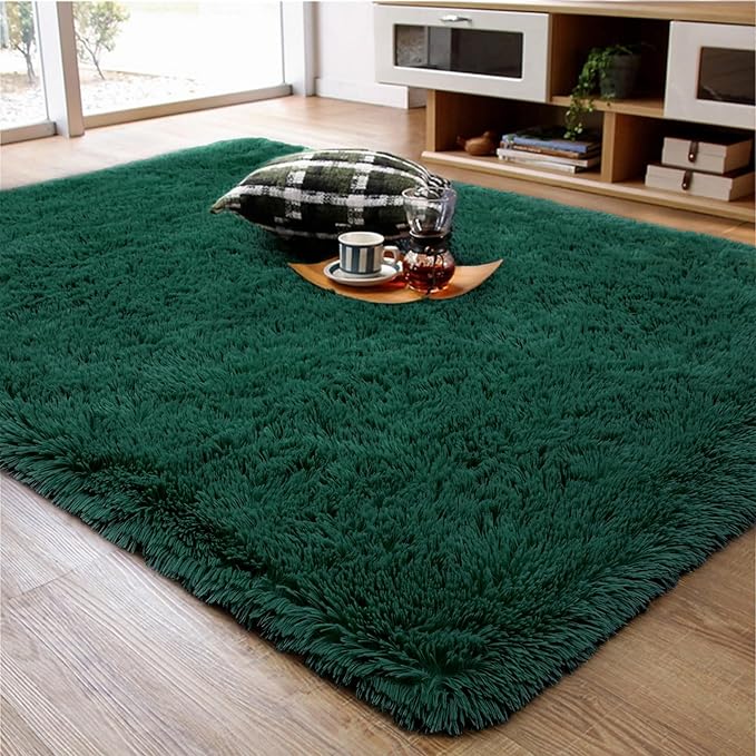 Ompaa Dark Green Rug 6x9 Fluffy Emerald Area Rugs for Bedroom Living Room Carpet, Non-Slip High Pile, Modern Fuzzy Shaggy Deep Grass Green Rug for Classroom Kids Playroom Nursery Home Office Decor