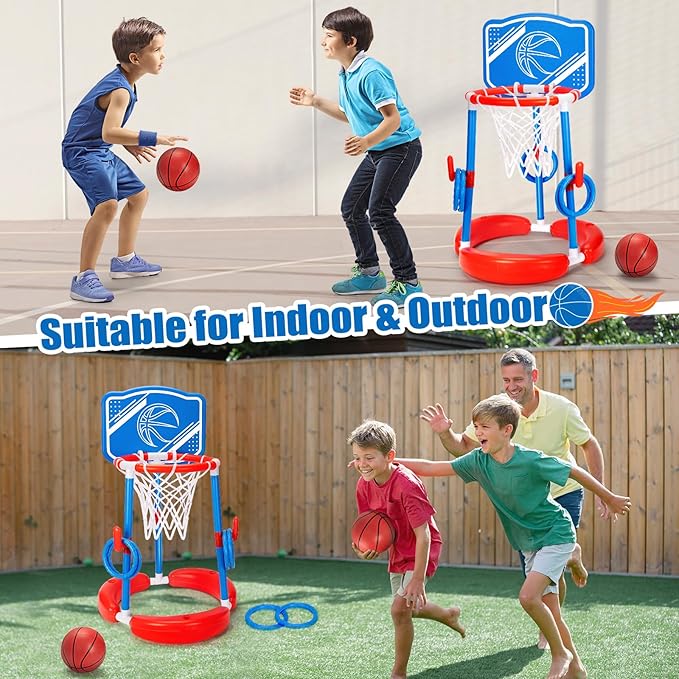 Pool Basketball Hoop, 2-in-1 Poolside Floating Pool Basketball Game, Swimming Pool Games for Kids Adults Indoor Outdoor Play, Water Play Toy Family Party, Includes Hoop, Balls, Pump, Backboard