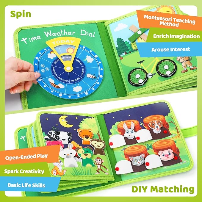 Busy Book for Toddlers 1-3,Montessori Plane Toys Busy Board for 1 Year Old with Fishing Game Finger Puppet Motor Skill,Educational Learning Quiet Activity Sensory Book, 1 2 3 4 Boy Girl Birthday Gift