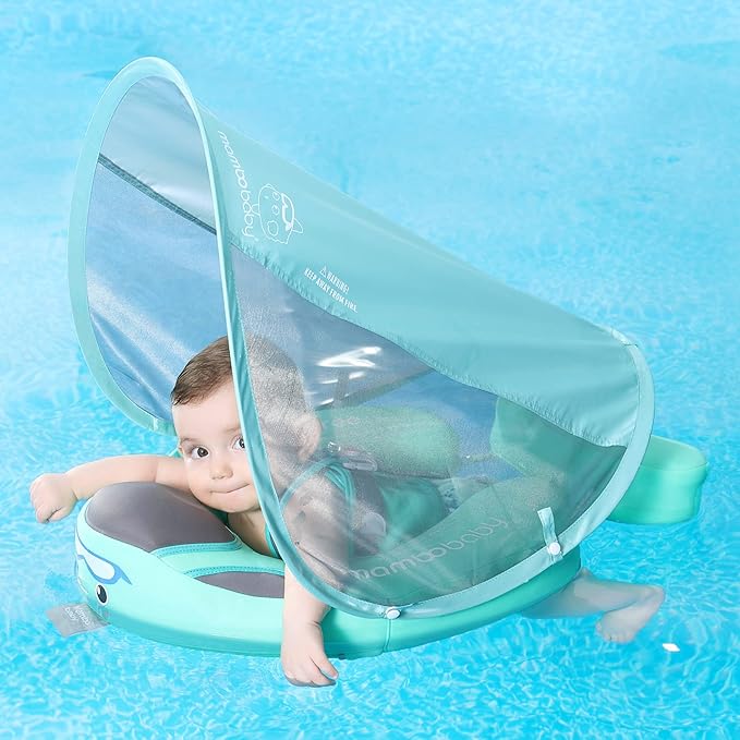 Mambobaby Float Add Tail Baby Swim Float with Canopy, Non-Inflatable Solid Baby Float, Upgrade Soft Skin-Friendly Fabric Material Infant Swim Float (Special Edition Green)