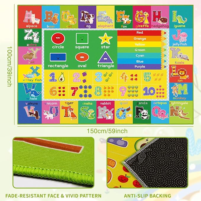 ABC Carpet, Kids Rugs for Playroom, Educational Play Mat for Kids, Preschool Rugs with ABC, Numbers, Animals Learning Rugs for Bedroom Playroom Classroom Baby Toddler Children (Yellow, 59X39.4 INCH)