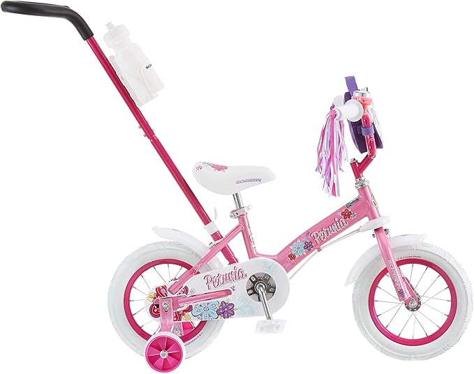 Schwinn Grit and Petunia Push Steer and Ride Kids Bike, For Boys & Girls Ages 2-4 Year Old, Rider Height 28-38 Inch,12-Inch Wheels, Training Wheels, Detachable Push Handle with Water Bottle & Holder