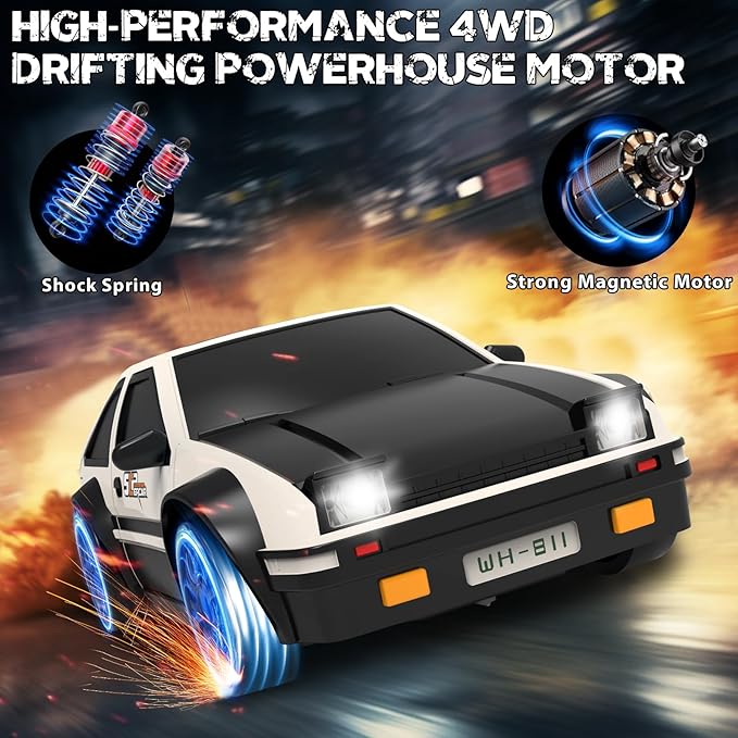RC Drift Car, 1/24 Remote Control Car, 2.4Ghz 17KM/H High Speed RC Cars with LED Lights, Extra Tires, 2 Rechargeable Batteries, 4WD Racing Car Toys Christmas Birthday Gift for Kids Boys Girls Adults