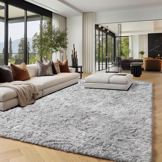 PAGISOFE Super Soft Shaggy Rugs Carpets, 5x7 Feet, Plush Washable Area Rugs for Living Room Bedroom, Furry Rugs for Nursery Playroom, Cute Room Decor for Baby, Shag Carpet for Dorm Decor, Light Grey
