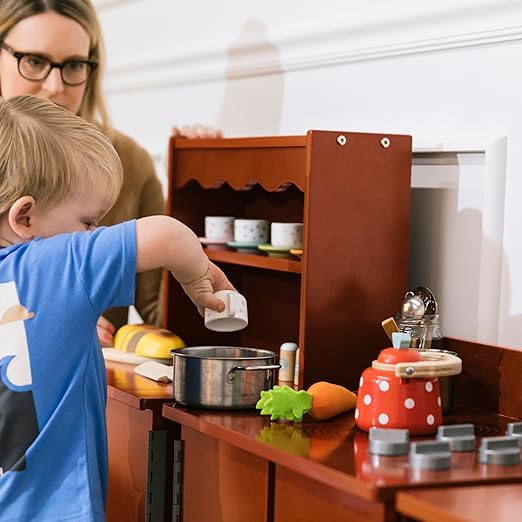 ECR4Kids Play Kitchen Stove, Wooden Playset, Dark Walnut