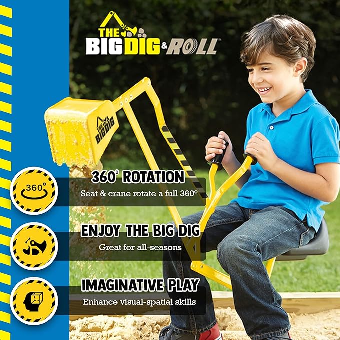 Big Dig Toy Excavator Ride, Sand Digger w/ 360 Rotation Base for Kids Ages 3 & Up, Yellow