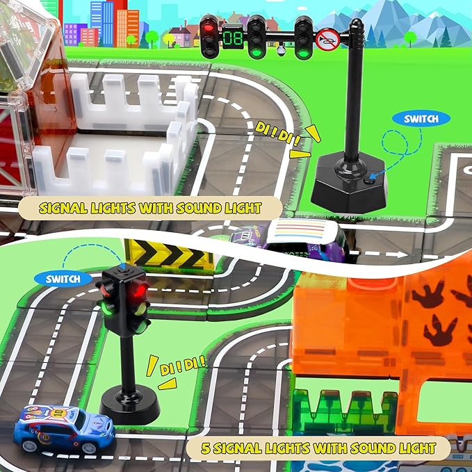 Magnetic Tiles Road Set with Pullback Car & Magnet Ship,Traffic Themed Magnetic Building Tiles Set with Traffic Light,STEM Magnet Tile for Kids Ages 3-5 4-8 5-7,Preschool Educational Kids Toys Gift