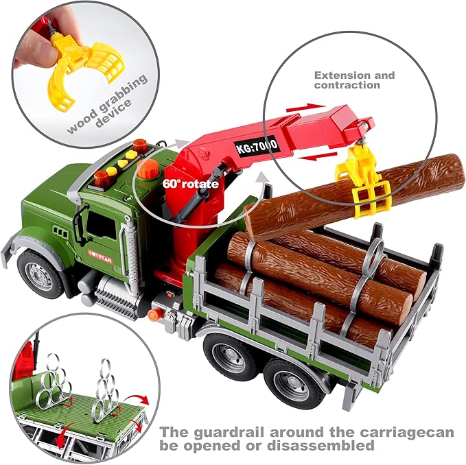Dwi Dowellin Kids Toys for 3 4 5 6 7 Years Old Boys,15" Large Timber Truck with Loading Crane and 6 Trunks,Birthday Gifts for Boy Toddler Child