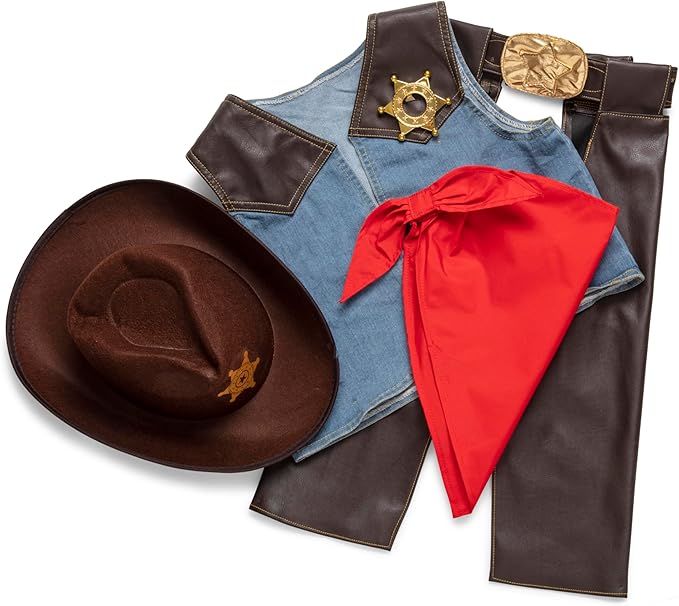 Melissa & Doug Cowboy Role Play Costume Set (5 pcs) - Includes Faux Leather Chaps - Cowboy Dress-Up Role Play Costume With Vest For Boys And Girls