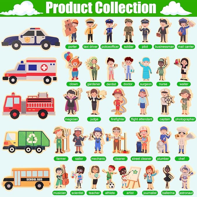 40 Pcs Wooden Community Helpers Little People Figures Occupations Wooden Blocks Professionals Kids Pretend Play Toys Multicultural Career Figurines Educational Activity Social Learning Supplies