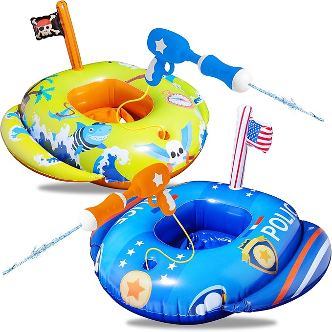 FindUWill 4 Pack Police Pirate Baby Inflatable Pool Floats, 2Pcs Pool Floats and 2 Pcs Water Guns for Kids, Inflatable Water Toys for Summer Fun(2 Patterns)