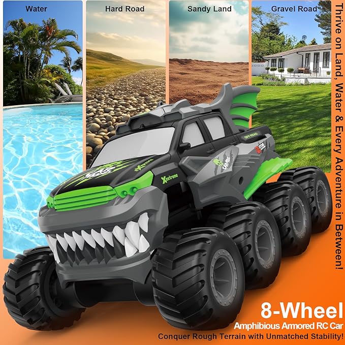 Amphibious Remote Control Car 8WD RC Monster Truck with 2 Rechargeable Batteries for Boys Age 8-12 Offroad Waterproof RC Pickup 2.4GHz All Terrain RC Drift Cars Beach Pool Toys Gifts for Kids Green