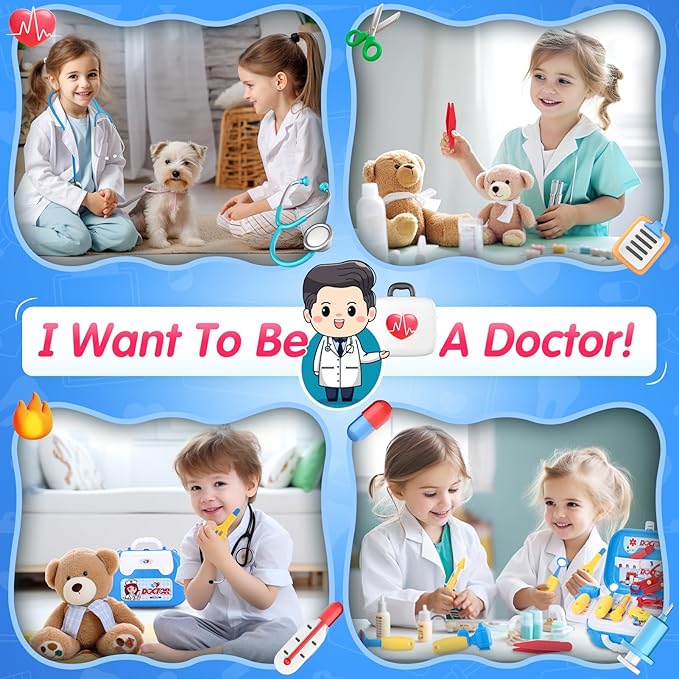 GINMIC Kids Doctor Play Kit, 22 Pieces Pretend Play Doctor Set with Roleplay Doctor Costume and Carry Case for Toddlers and Kids, Medical Dr Kit Toys for Girl Age 3 4 5 6 7 Year Old (Blue-1)