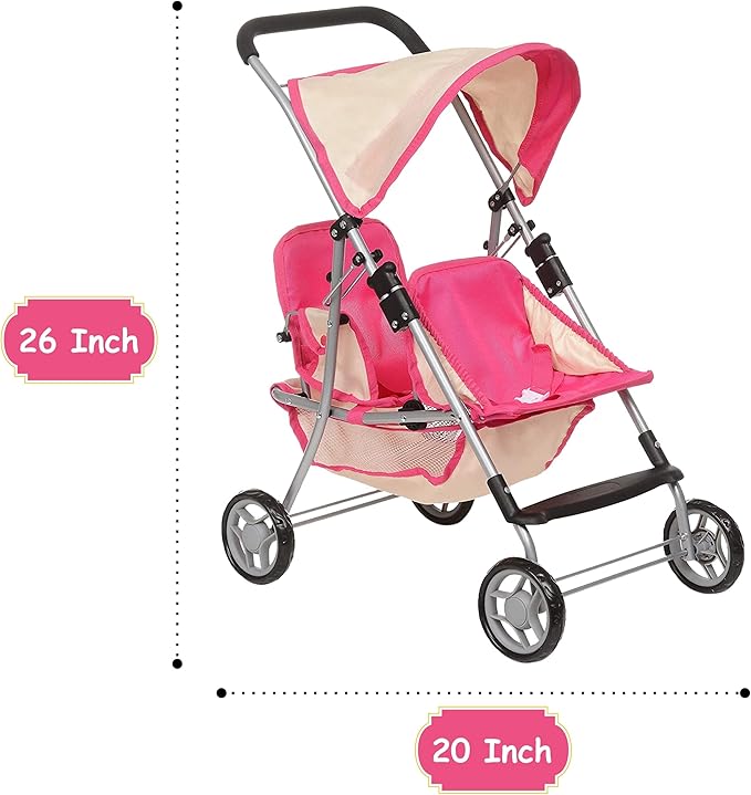 Fash n kolor, Twin Doll Double Stroller | Pink & Off-white Design Easy to Fold Double Stroller with Basket in The bottom