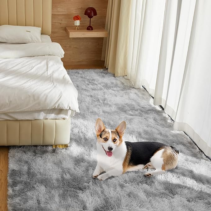 Ultra Soft Rug for Living Room, 8X10 Tie-Dyed Light Grey Fluffy Shag Area Rug for Bedroom, Modern Shaggy Carpets Fuzzy Rug for Teens Dorm Nursery Home Decor Aesthetic, Upgrade Anti-Skid Durable