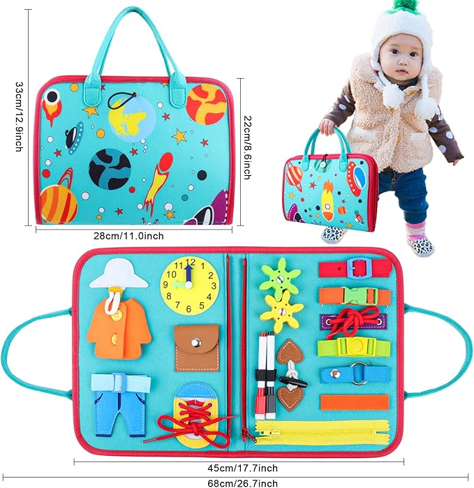 Busy Board for Toddlers 2-4, Montessori Travel Toy for Plane/Car, Educational Sensory Toy for Toddlers 1-3, Preschool Activities Board for Developing Fine Motor Skills, Gift for Boys Girls