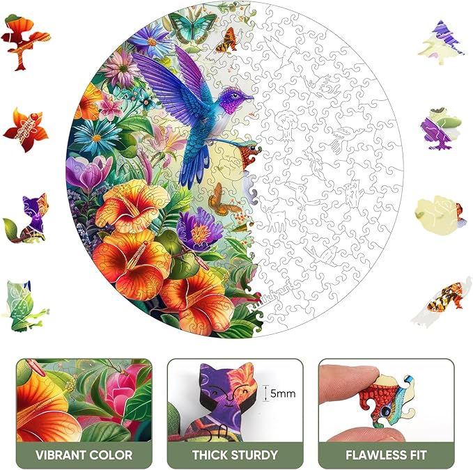 Colorful Hummingbird 200 Pieces Wooden Jigsaw Puzzles for Adults with Unique Shapes Fun Challenging Birds Puzzles for Kids and Couples on Birthday,Children's Day,Christmas11.2 x11.2