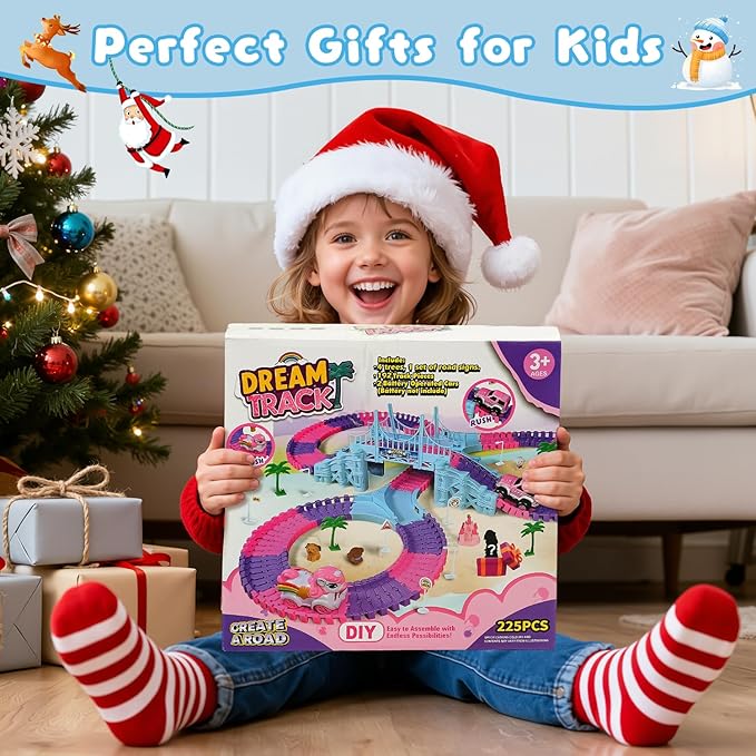 Frozen Race Track Toys for Girls Ages 3-8, 224 PCS Princess Castle Car Toys with Magic Bendable, 2 Monster Truck, Flexible DIY Track Set, Christmas Birthday Gifts for 3 4 5 6 7 8 Year Olds Toddler Kid