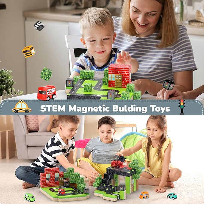 Magnetic Blocks 110PCS with 5 Car Toys, City Building Blocks Set, Toys for Boys & Girls Age 4-6, 6-8, Stacking Building for Toddlers Sensory for Kids 3+