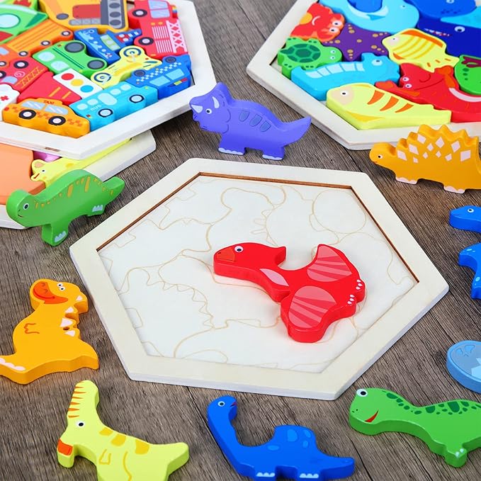 5 Pack Wooden Tangram Puzzle for Kids Wooden Hexagon Puzzle Block Teaser Geometric Shapes Tangram Games for Jigsaw 3D Logic IQ Game Gift(Cute)