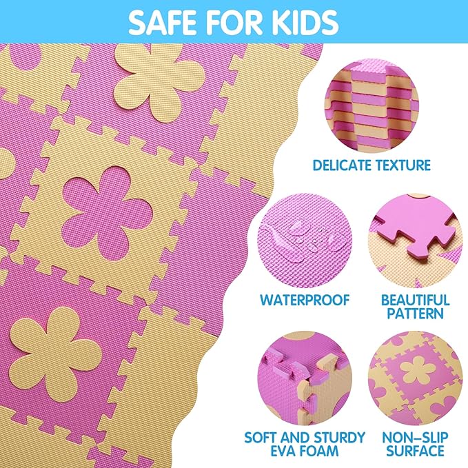 Foam Play Mat for Kids,25Pcs Square Interlocking Puzzle Floor Mat,Baby Play Mat Floor Mat Foam Puzzle Playmat for Toddlers with Fence(Pink Flower-CSH032