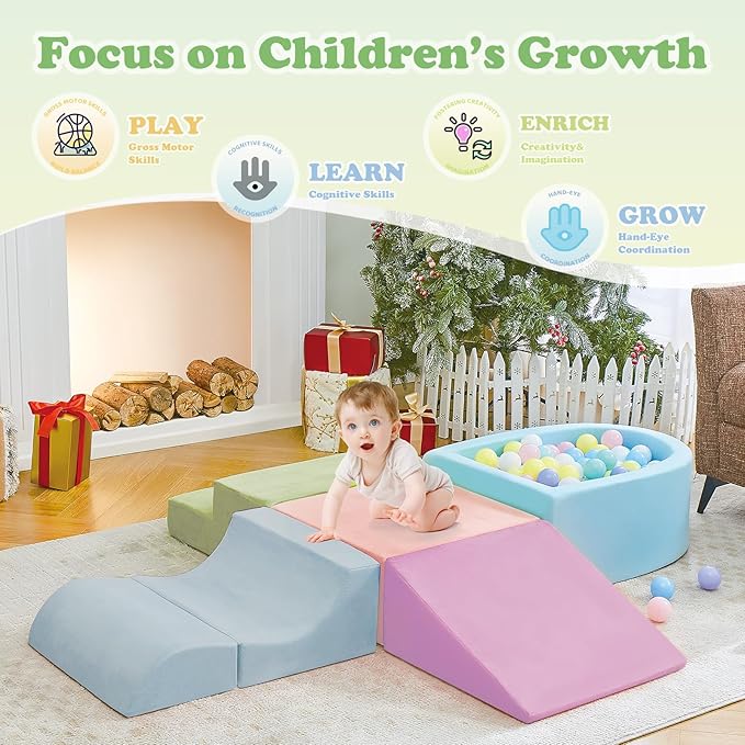 5-Piece Climbing Toys for Toddlers, Toddler Climbing Toys Indoor with Foam Ball Pit (Balls not Included), Soft Foam Climbing Blocks Set Indoor Play Gym for Crawling and Sliding