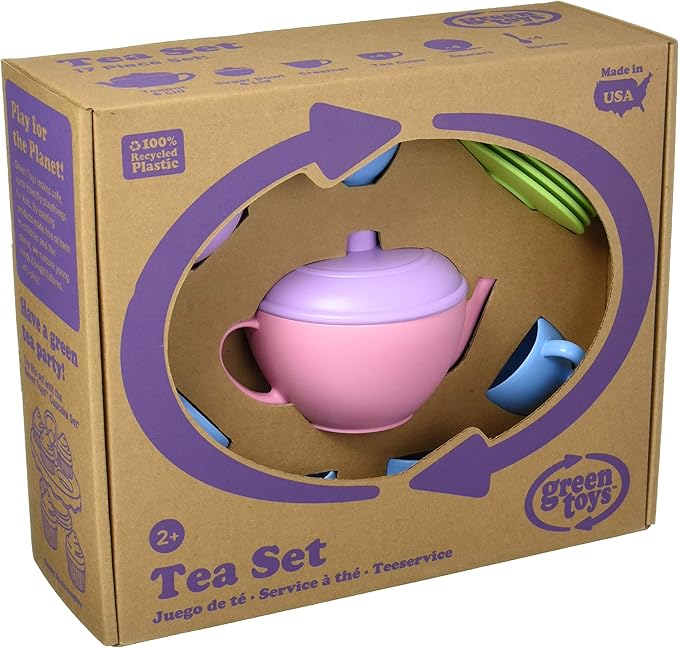 Green Toys Tea Set, Pink CB - 17 Piece Pretend Play, Motor Skills, Language & Communication Kids Role Play Toy. No BPA, phthalates, PVC. Dishwasher Safe, Recycled Plastic, Made in USA.