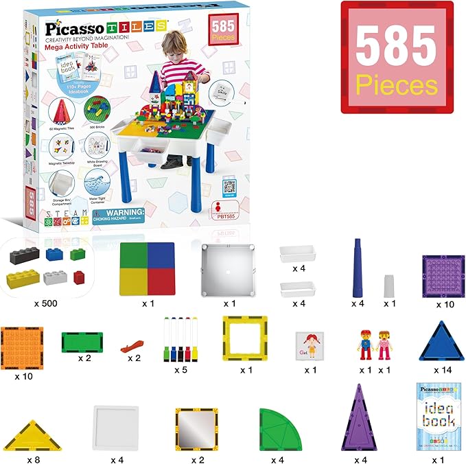 PicassoTiles 585pc Kids Activity Table with Magnetic Tiles and Bricks STEM Pretend Play Learning with Reversible Brick Whiteboard Tabletop Storage Bins and Extra Add-On Toys Boys Girls Ages 3+ PBT585