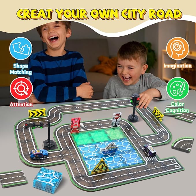 Magnetic Tiles Road Set with Pullback Car & Magnet Ship,Traffic Themed Magnetic Building Tiles Set with Traffic Light,STEM Magnet Tile for Kids Ages 3-5 4-8 5-7,Preschool Educational Kids Toys Gift