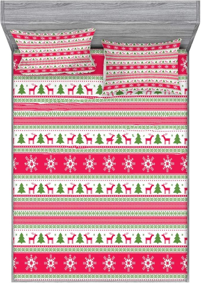 Ambesonne Nordic Fitted Sheet & Pillow Sham Set, Classical Reindeers Snowflakes Trees Christmas Pattern Needlework Design, Decorative Printed 3 Piece Bedding Decor Set, Queen, Pink Lime Green White