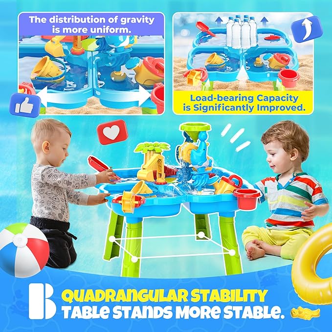 BELLOCHIDDO Water Table for Toddlers 1-3 - 4 in 1 Kids Play Water and Sand Outdoor Activity Sensory Playset with 12 Pcs Toys - Summer Beach Pool Backyard Garden Gifts for Boys Girls 1.5+ Years Old