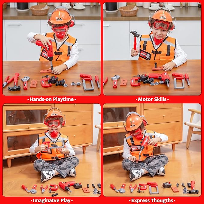 JOYIN 26Pcs Kid Tool Set, Pretend Play Toddler Tool Toy with Construction Worker Costume & Electronic Toy Drill in Storage Box for Boy Girl Halloween Present Birthday Dress Up Party