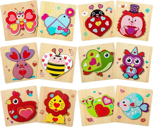 Capoda 12 Pack Valentines Animal Wooden Puzzles Wood Animal Jigsaw for Toddlers Montessori Preschool Learning Games Educational Toys for Boys Girls Classroom Exchange Gifts Party Favors