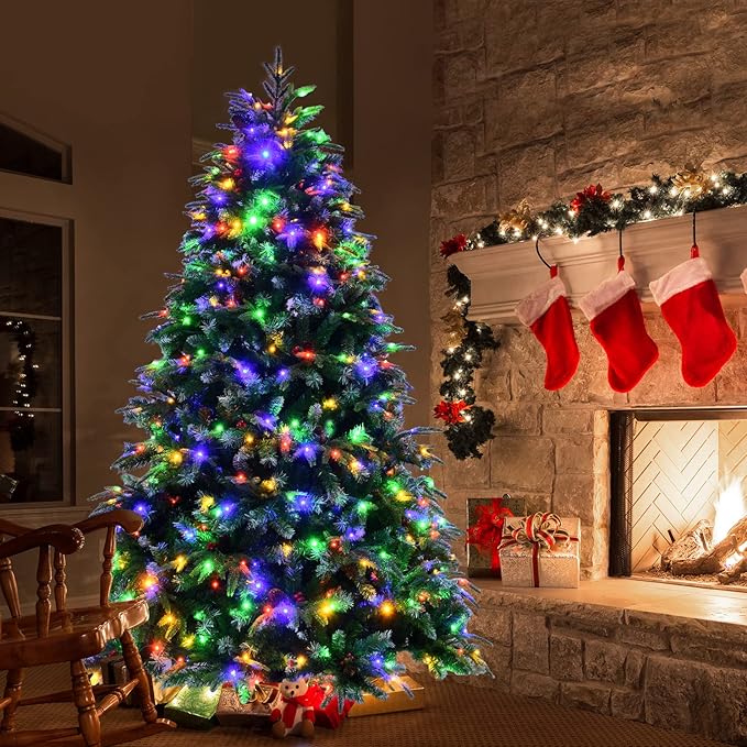 GOFLAME 7ft Pre-Lit Artificial Christmas Tree, Realistic Xmas Tree w/ 1315 Branch Tips, 450 Multi-Color LED Lights, 43 Pinecones & Red Berries, Pine Tree w/ 11 Flash Modes for Holiday Decoration