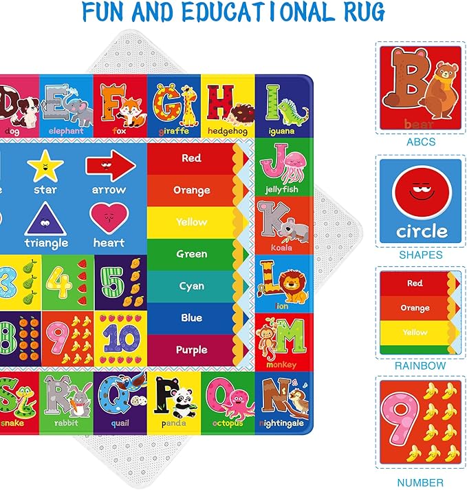Baby Play Mat Kids Rug for Playroom, Playtime Collection ABC, Numbers, Animals, Rainbow and Shapes Educational Area Rugs for Kids Room Classroom, 59x 39.4 inch