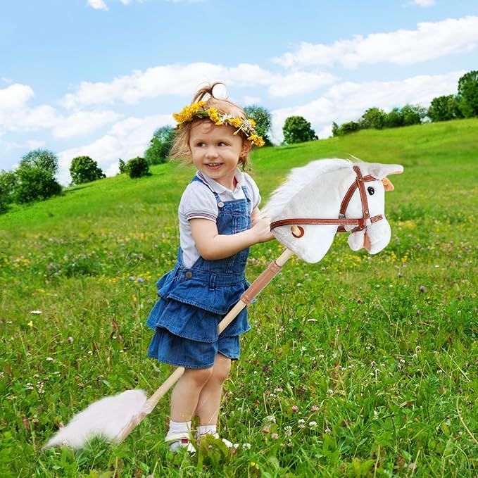 Plush Stick Horse with Wood Wheels Real Pony Neighing and Galloping Sounds Plush Toy, Stick Pony Provides Fun Pretend Play for Toddlers & Preschoolers (AA Batteries Required)