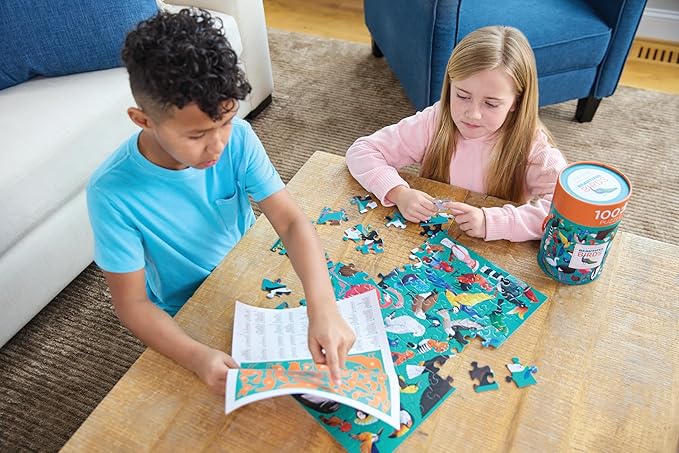 Crocodile Creek 100-Piece Jigsaw Puzzle for Kids Ages 5 and Up - Fun and Educational Table or Floor Puzzles - Storage Canister with Handle - Sharks - 14” x 19” Finished
