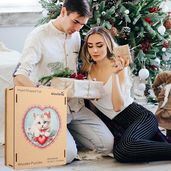 Wooden Puzzle for Adults - 3D Vision Effect Heart Cat Puzzle 200 Pcs Unique Shape Advanced Wooden Jigsaw Puzzle, Challenge Jigsaw Puzzle(11.1 x 11.2 in)