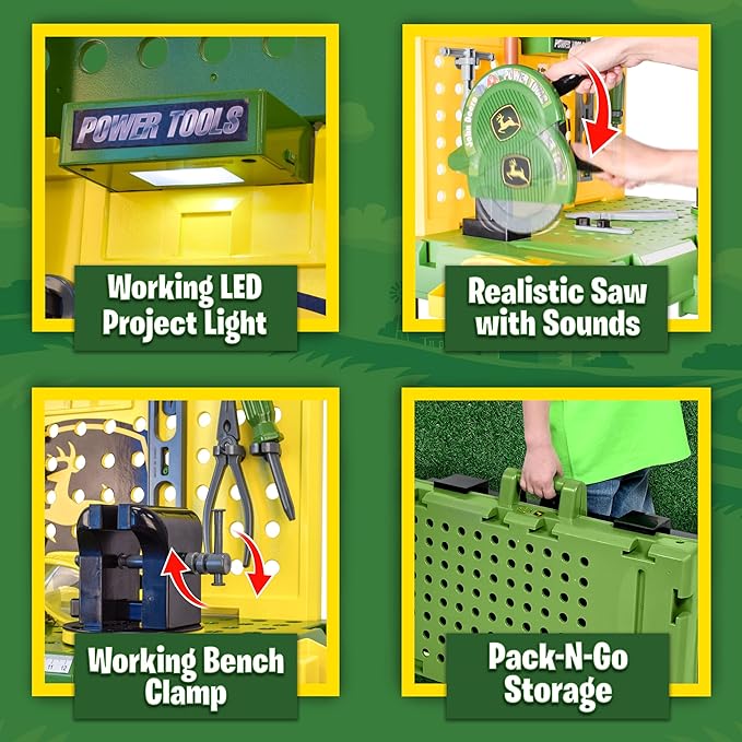 John Deere Kids Workbench, Power Tools Workshop, Build Your Own Toy Tool Box with 39 Realistic Toy Tools and Accessories, 5+