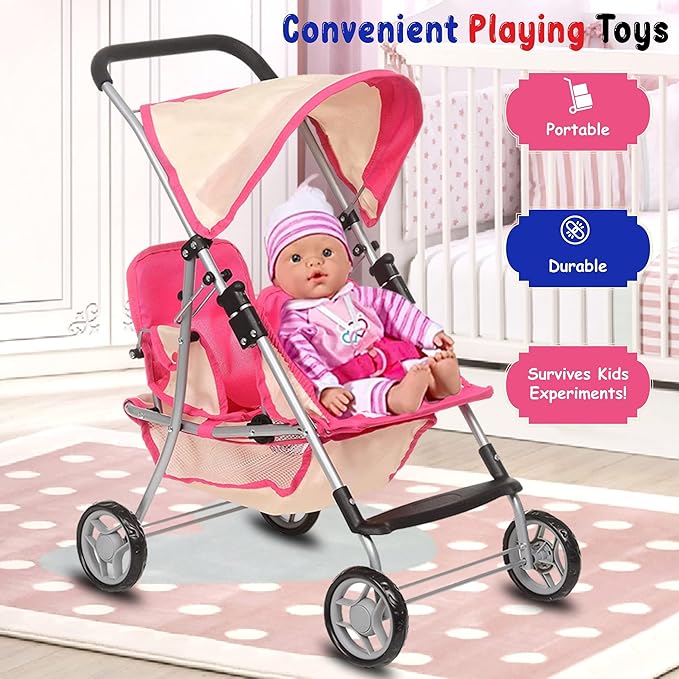Fash n kolor, Twin Doll Double Stroller | Pink & Off-white Design Easy to Fold Double Stroller with Basket in The bottom