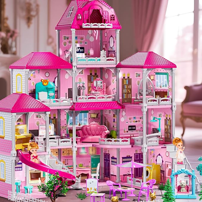 4-Storey House for Girls Ages 3-7, Villa Playset with 2 Dolls and 12 Room, Furniture and Accessories, Pretend Indoor Playset Toddler Toys, Birthday Girls Toys for Ages 4-8 6-8