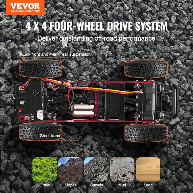 VEVOR RC Crawler 1/24 Scale RC Car Rock Crawler All Terrain 4WD Off-Road Truck with led Light 2 Rechargeable Batteries, 2-Speed Adjustable Hobby Racing Car Gift for Adults