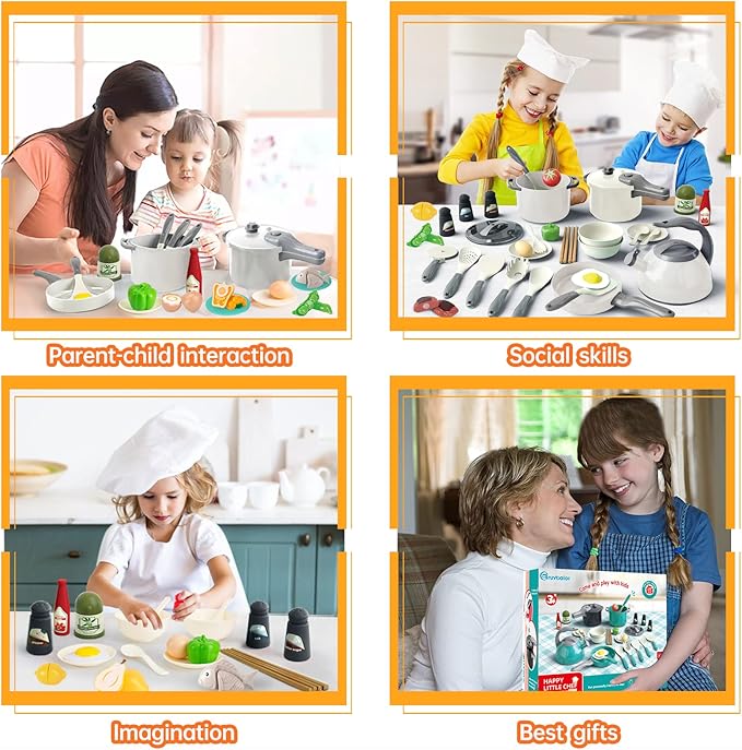 Bruvoalon 67Pcs Kids Play Kitchen Toys Set, Toddlers Pretend Cooking Playset Acccessories with Pots Pans, Utensils Cookware, Foods, Canned Veges, Learning Gift for Kids Girls Boys (White)