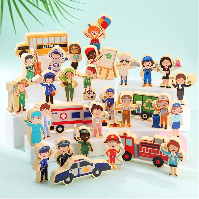40 Pcs Wooden Community Helpers Little People Figures Occupations Wooden Blocks Professionals Kids Pretend Play Toys Multicultural Career Figurines Educational Activity Social Learning Supplies