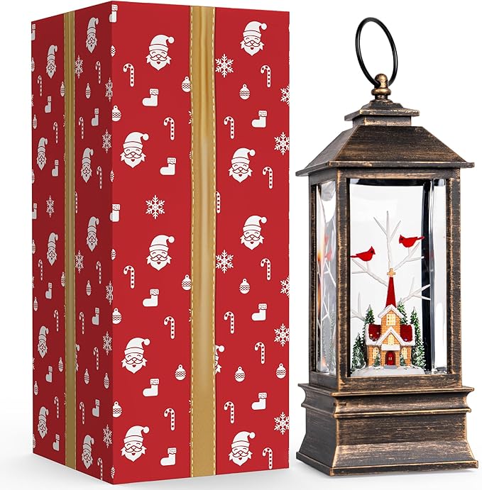 10'' Christmas Snow Globe Lantern Lighted Christmas Village Church Scene Musical Water Lantern with Swirling Glittering Home Decoration and Gift, Battery Operated or USB Powered