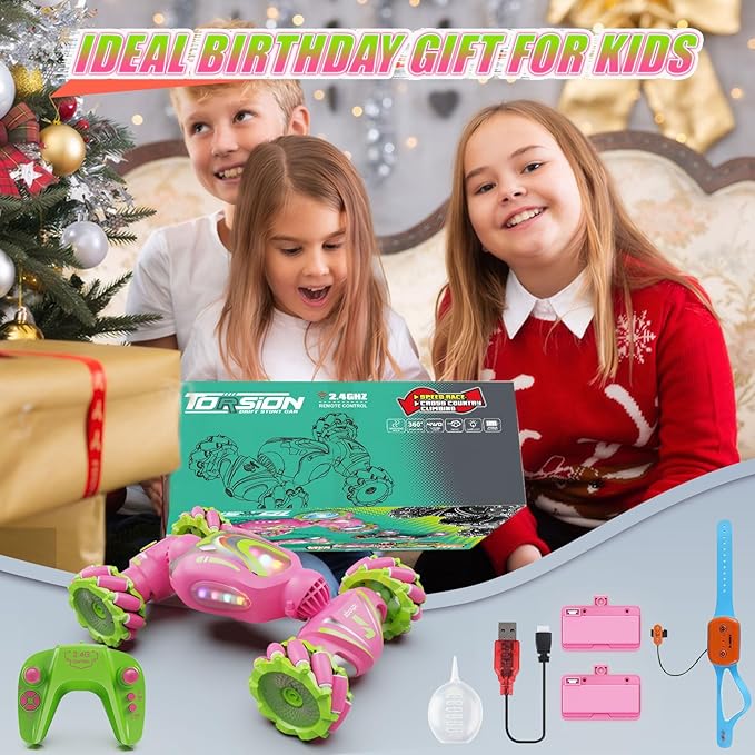 Remote Control Car, Pink RC Cars for Girls, Gesture Stunt with Light & Music, 4WD, 360° Rotating, 2.4Ghz Remote Control Car Toys, Birthday Gift for Kids Age 6+
