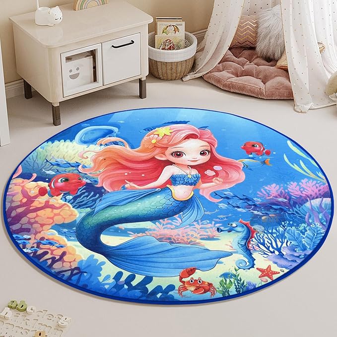 Round Rug for Kids Room Mermaid Rugs for Bedroom Kids Rugs for Playroom Girls Cute Cartoon Carpet Living Room Dining Room Decor 47x47 inch