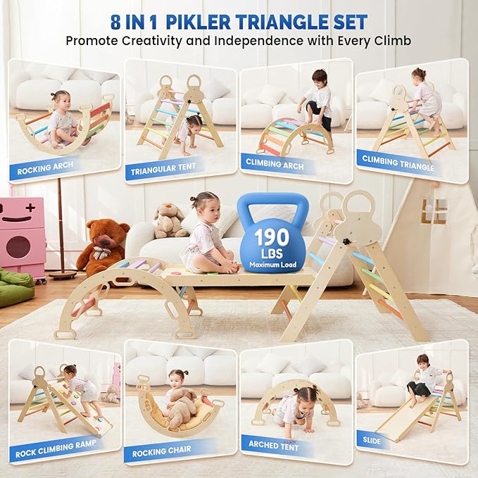 Pikler Triangle Set for Kids, 8 in 1 Colorful Montessori Large Climbing Toys for Toddlers 1-6 Inside with Arch, Ramp and Foldable Triangle, Cushion Pad and Chalkboard