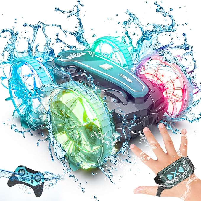 Tecnock Amphibious Remote Control Car Boat, 4WD Gesture RC Cars with Waterproof Remote Control, RC Stunt Car with LED Lights, Pool Toys for Kids Ages 8-12, Toys Gifts for Boys Girls