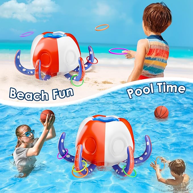 Pool Wave Kids Octopus Pool Toys, 2-in-1 Inflatable Float Water Game Basketball Hoop Ring Toss Outdoor Swimming Cool Summer Family Party Gift 3 4 5 6 7 8 Yr Old Boy Girl Child-Blue Red White